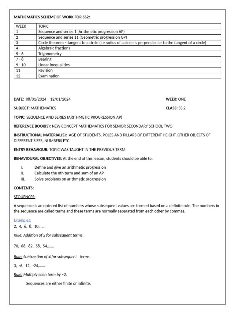 Mathematics Scheme of Work For Ss2 2nd Term Lesson Note | PDF