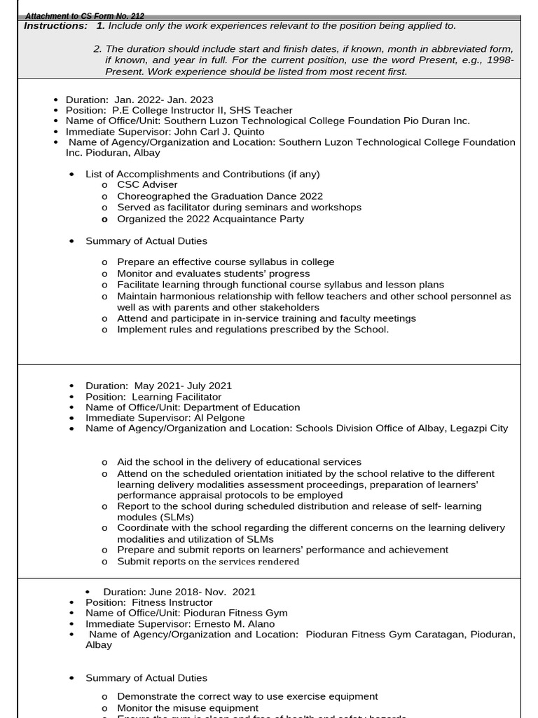 MS..WORK EXPERIENCE SHEET - CSC Form No. 212 Chris | PDF