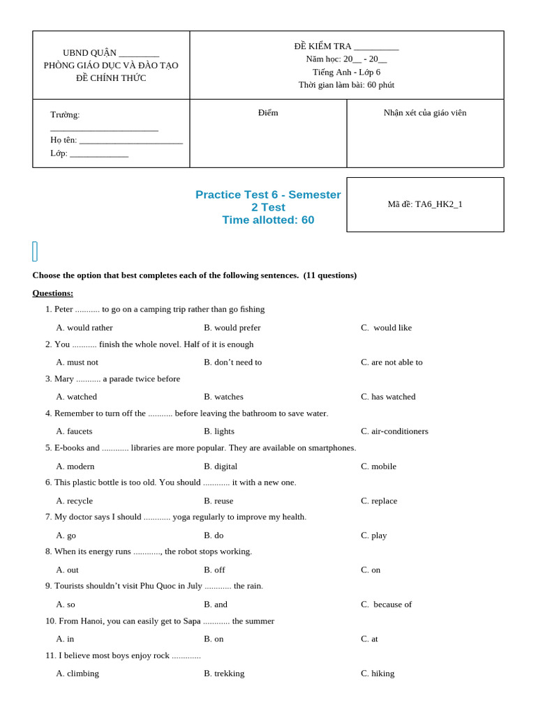 Practice Test 6 - Semester 2 Test - TA6 - HK2 - 1 | PDF