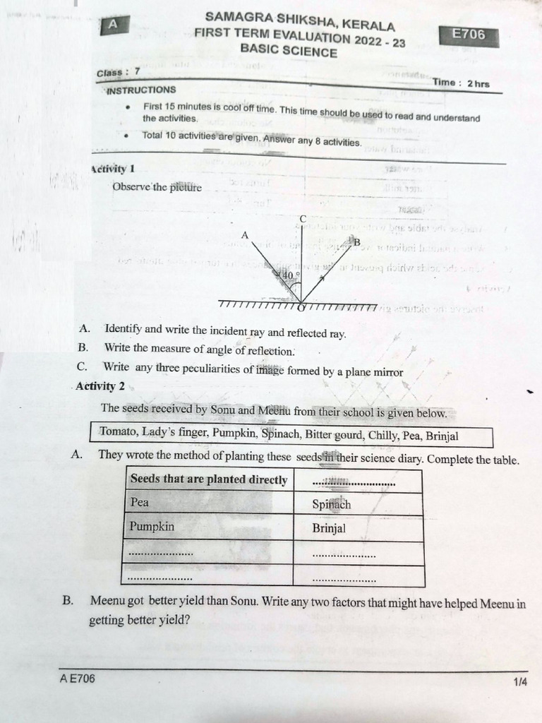 Std Vii Kerala First Term Onam Exam 2022 Question Paper Bs Em Pdf