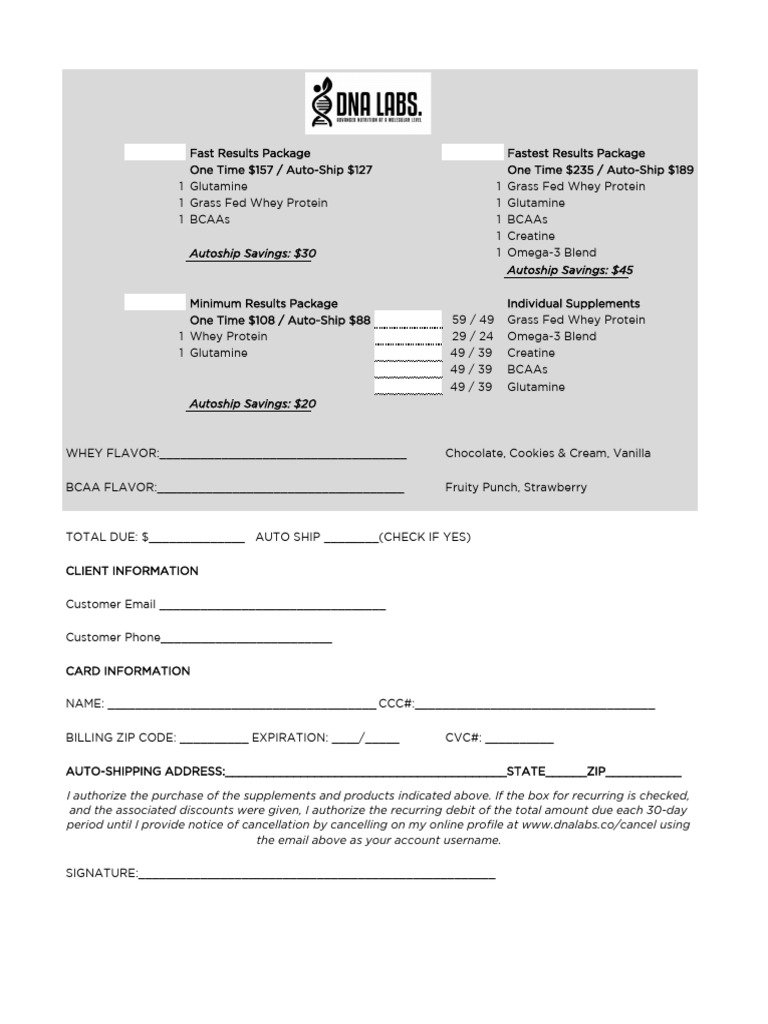 DNA Labs Supplement Order Form | PDF