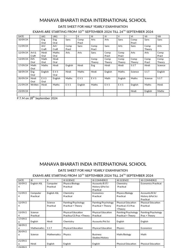 Date Sheet For Half Yearly Examination 2024 | PDF