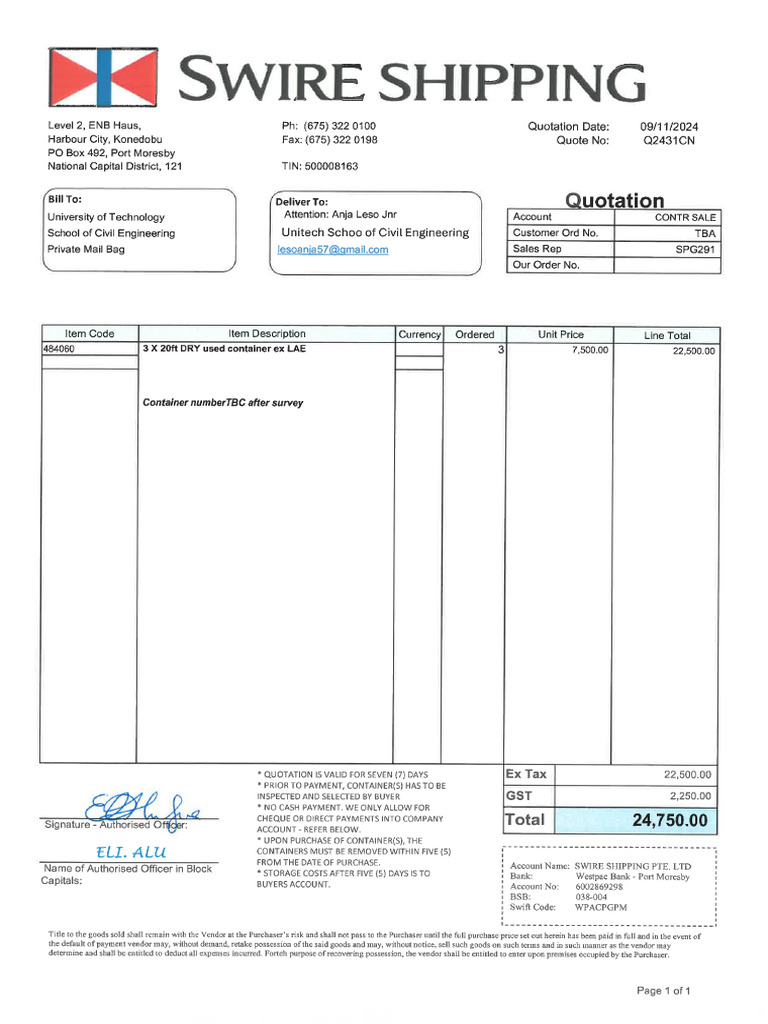 Unitech Civil Engineering Quote - 3x20ft Used Container Ex Lae 12.9.24 ...