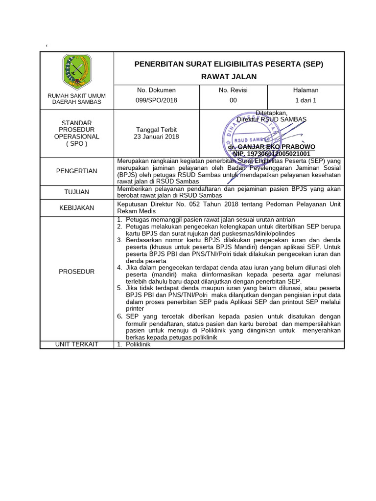 Spo Penerbitan Surat Eligbilitas Peserta (Sep) Rawat Jalan | PDF