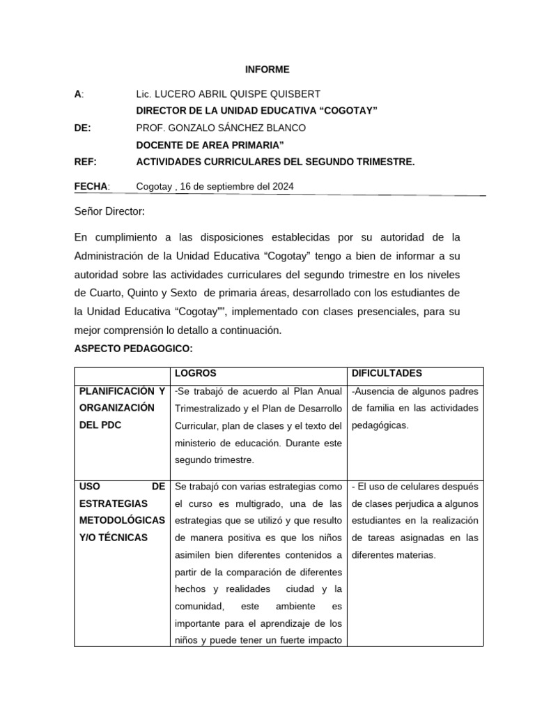 INFORME 2do TRIMESTRE 2024 Gonzalo Sanchez | PDF