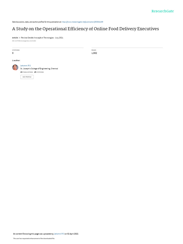 AStudyonthe Operational Efficiencyof Online Food Delivery Executives | PDF