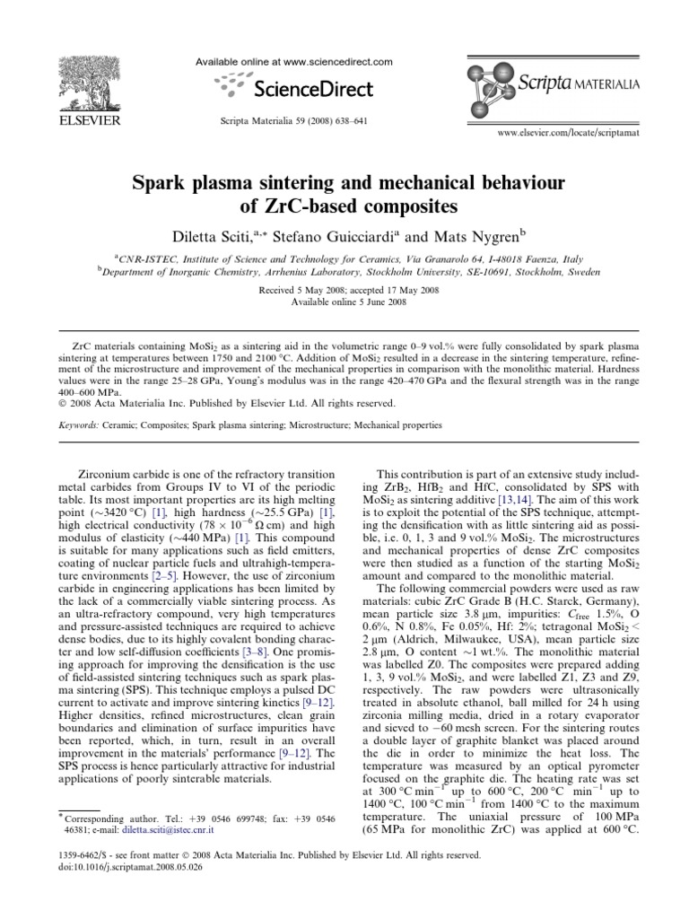 ZrC Composites: SPS and Mechanical Properties | PDF | Sintering | Nature