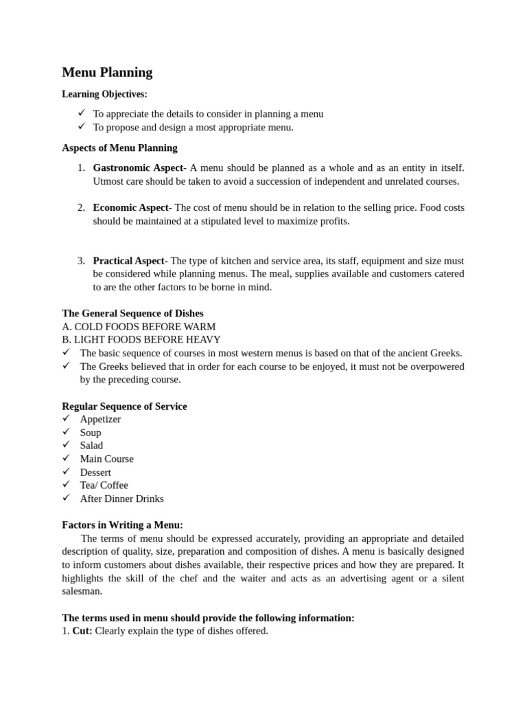 WEEK 3 FFSO LECTURE Menu Planning | PDF | Menu | Meal