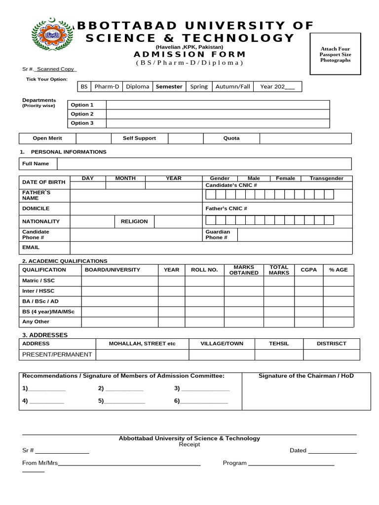 Bs Pharm D Admission Form Aust | PDF