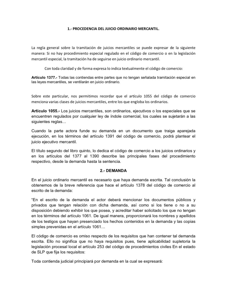 JUICIO ORDINARIO MERCANTIL Demanda judicial Ley procesal