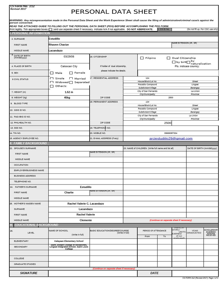Personal Data Sheet CS Form No. 212 Revised 2017 3 | PDF