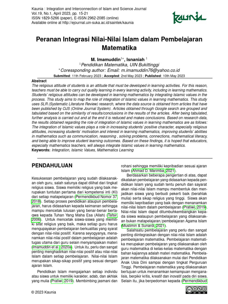 Peranan Integrasi Nilai Nilai Islam Dalam Pembelajaran Matematika | PDF