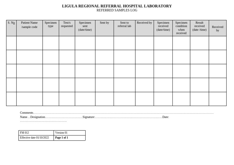 Lab Sample Referral Log Template | PDF