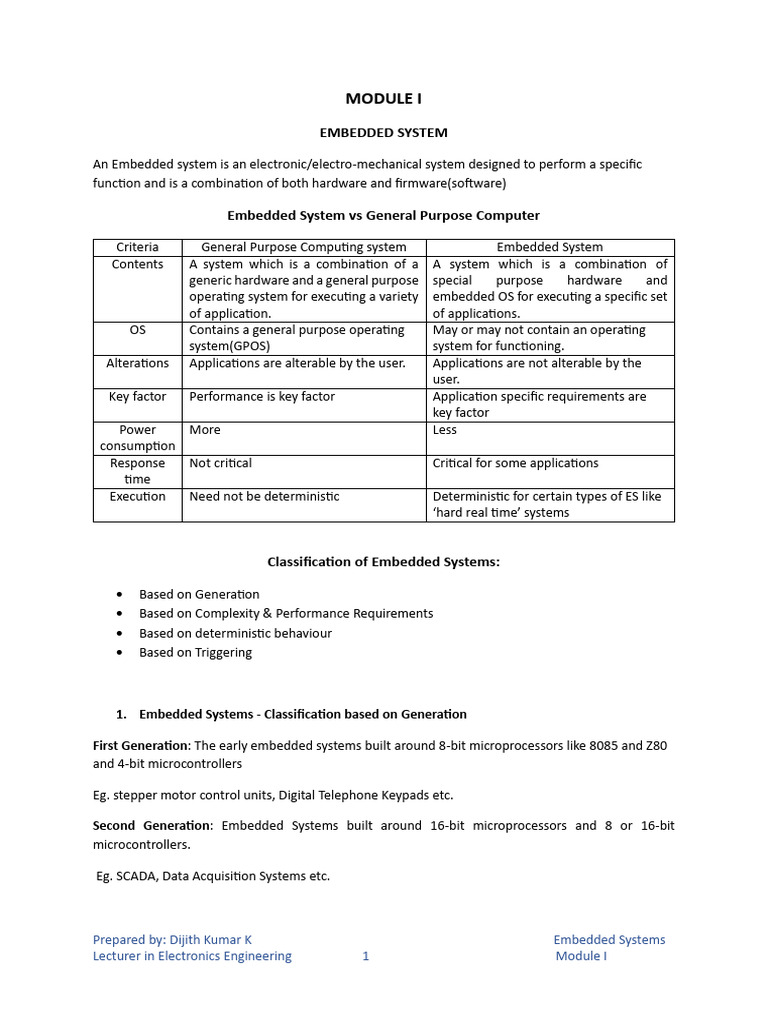 EMBEDDED SYSTEM NOTES-Module I | PDF | Embedded System | Computers