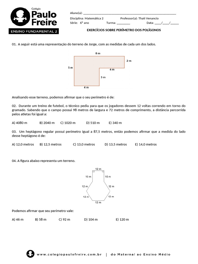 Exercícios Perímetro - 6º Ano - PF | PDF