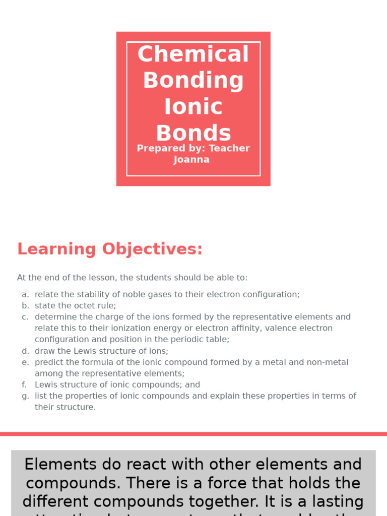 Q4 L3 Chemical Bonding Ionic Bonds | PDF
