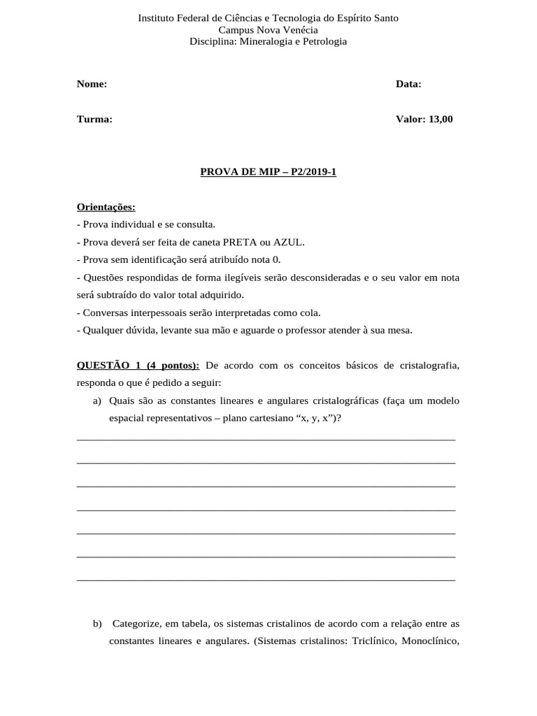 Prova de Mineralogia e Petrologia - P2/2019-1 | PDF | Carreira e ...