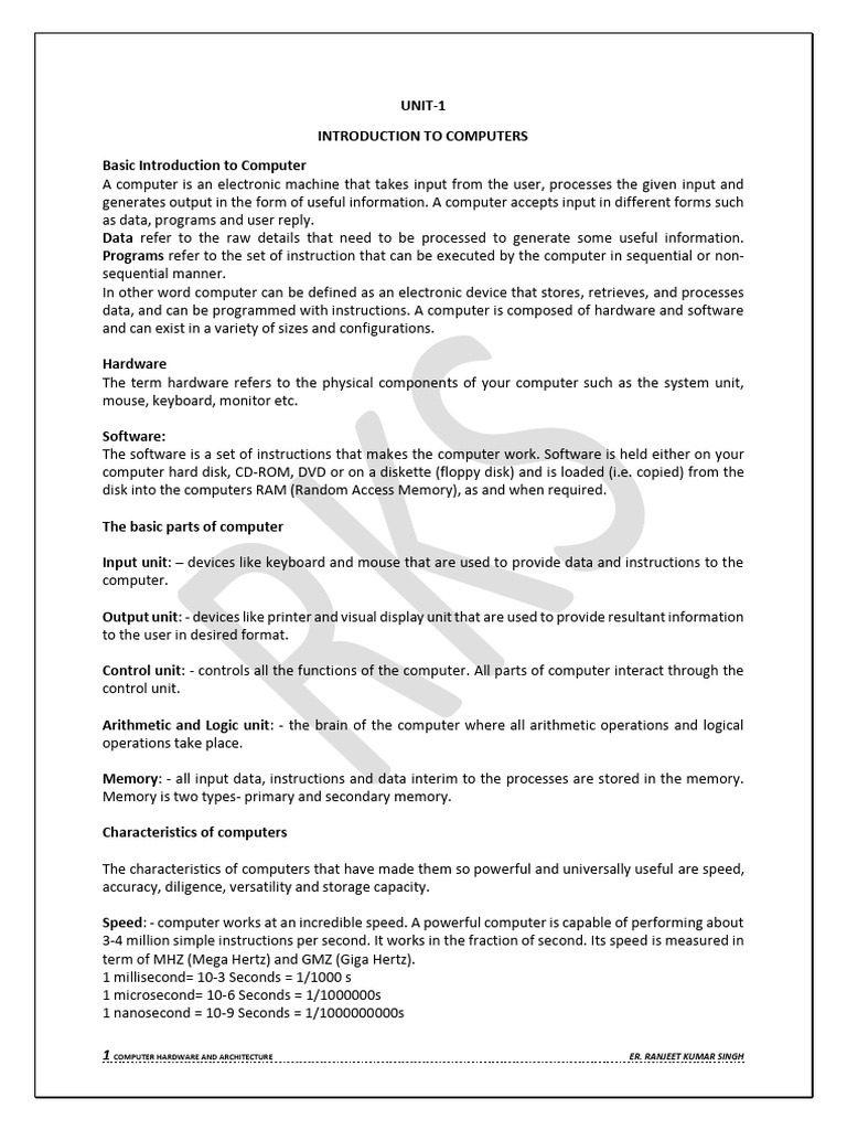 Unit 1 Introduction To Computers | PDF