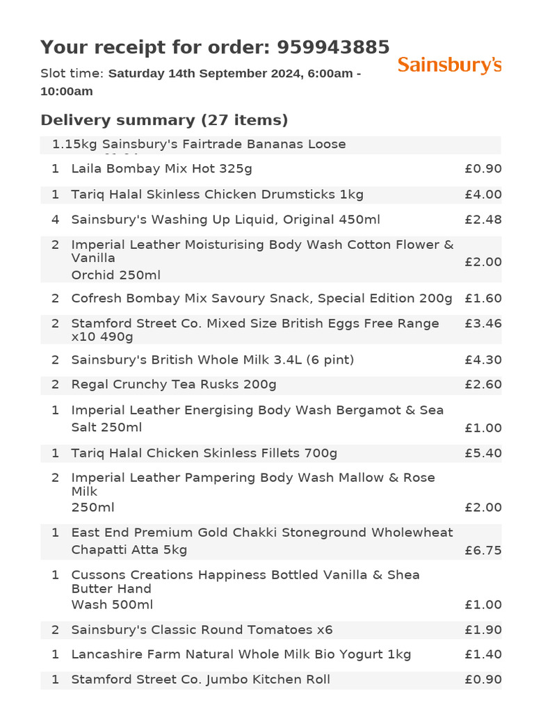 Sainsburys Groceries Order 959943885 | PDF | Receipt | Point Of Sale