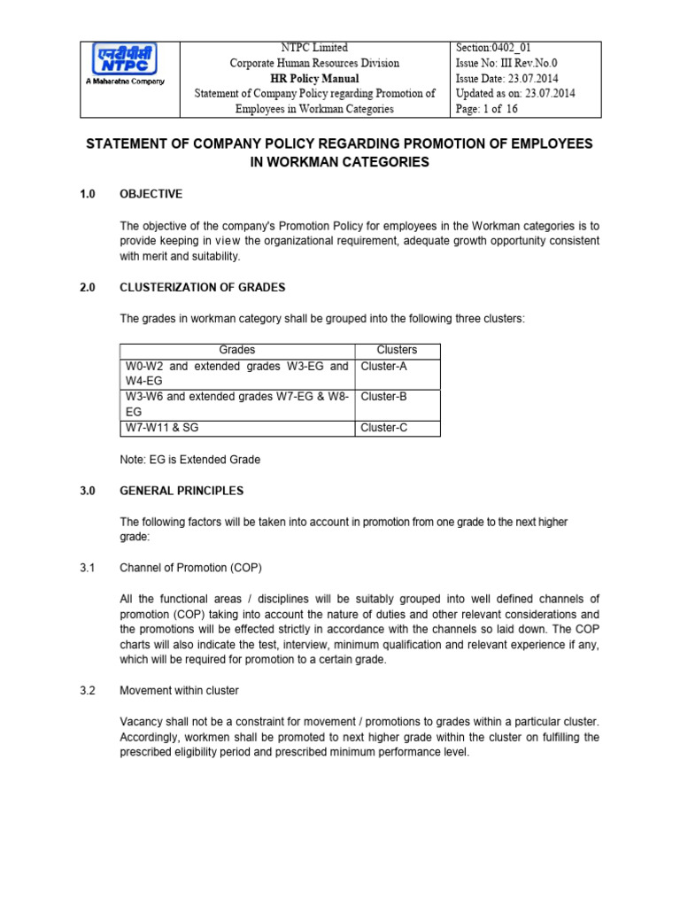 NTPC Workman Promotion Policy 2014 | PDF | Professional Certification ...