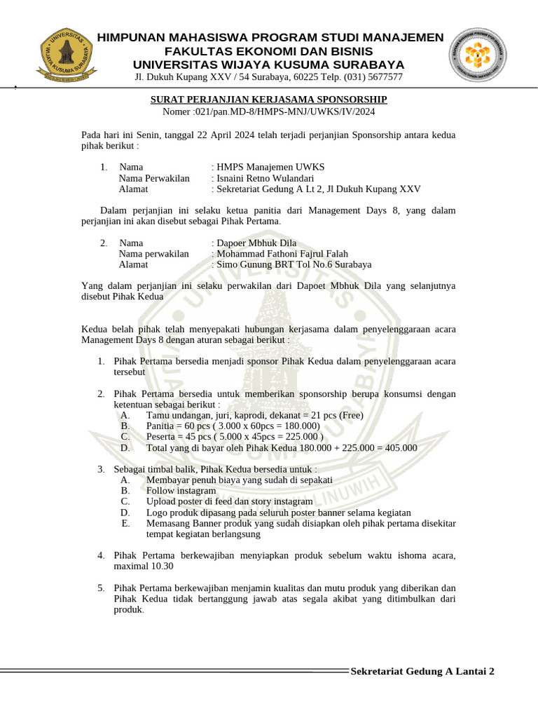 Surat Perjanjian Kerjasama Sponsorship PDF