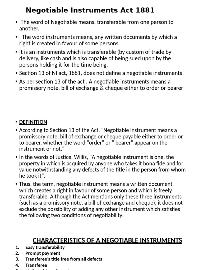 Overview of Negotiable Instruments Act 1881 | PDF | Negotiable ...