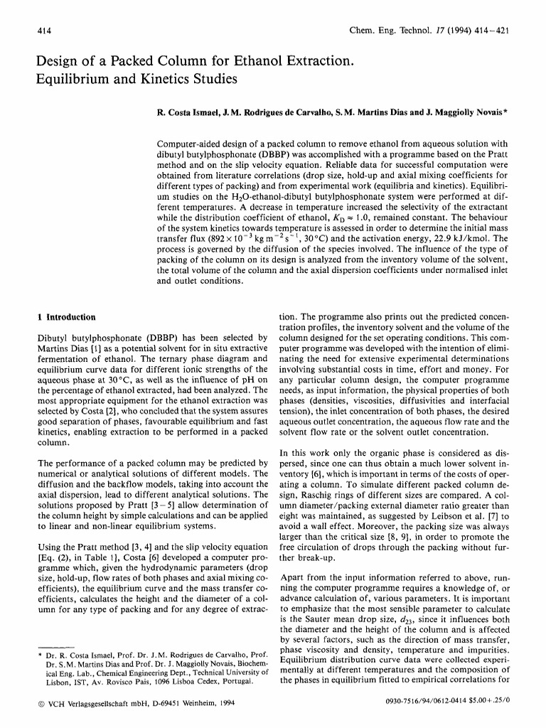 Design of A Packed Column For Ethanol Extraction. Equilibrium and ...