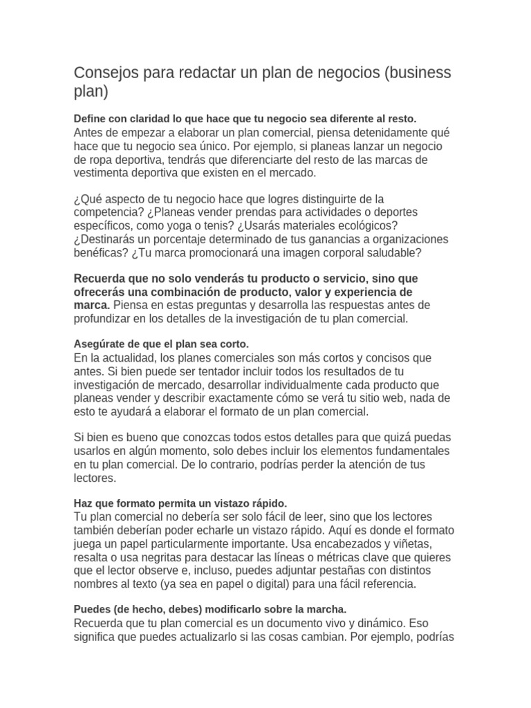 Consejos para Redactar Un Plan de Negocios | PDF | Business ...
