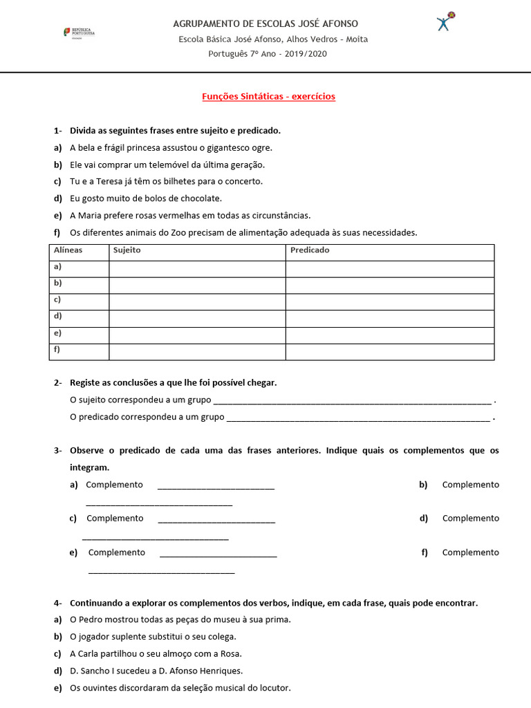 Funções Sintáticas Exercícios Pdf