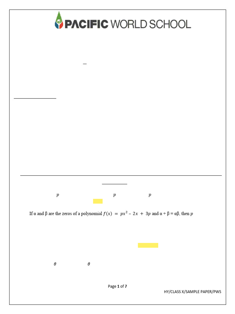 Hy Math QP Class X Sample Paper | PDF