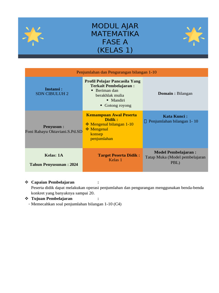 Contoh Modul Ajar MTK Klas 1 | PDF