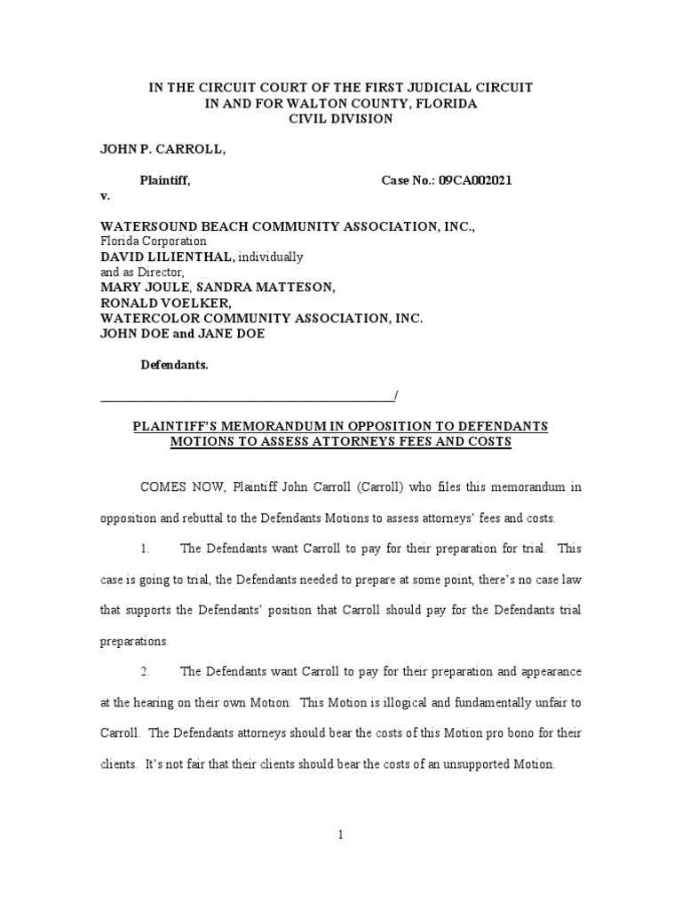 Memo in Opposition to Defendants Motions for Attorneys Fees Lawsuit