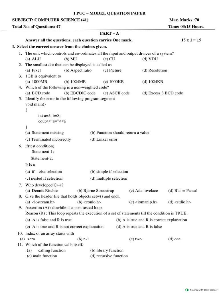 Computer Science Model QP I Puc 2023-24 | PDF