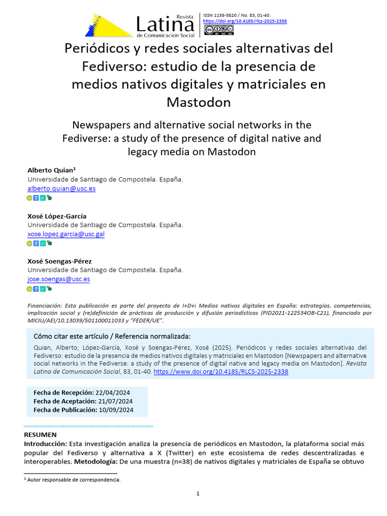Periódicos y Redes Sociales Alternativas Del Fediverso: Estudio de La ...