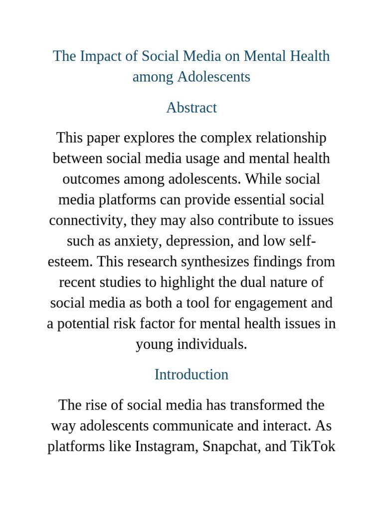The Impact of Social Media On Mental Health Among Adolescents | PDF