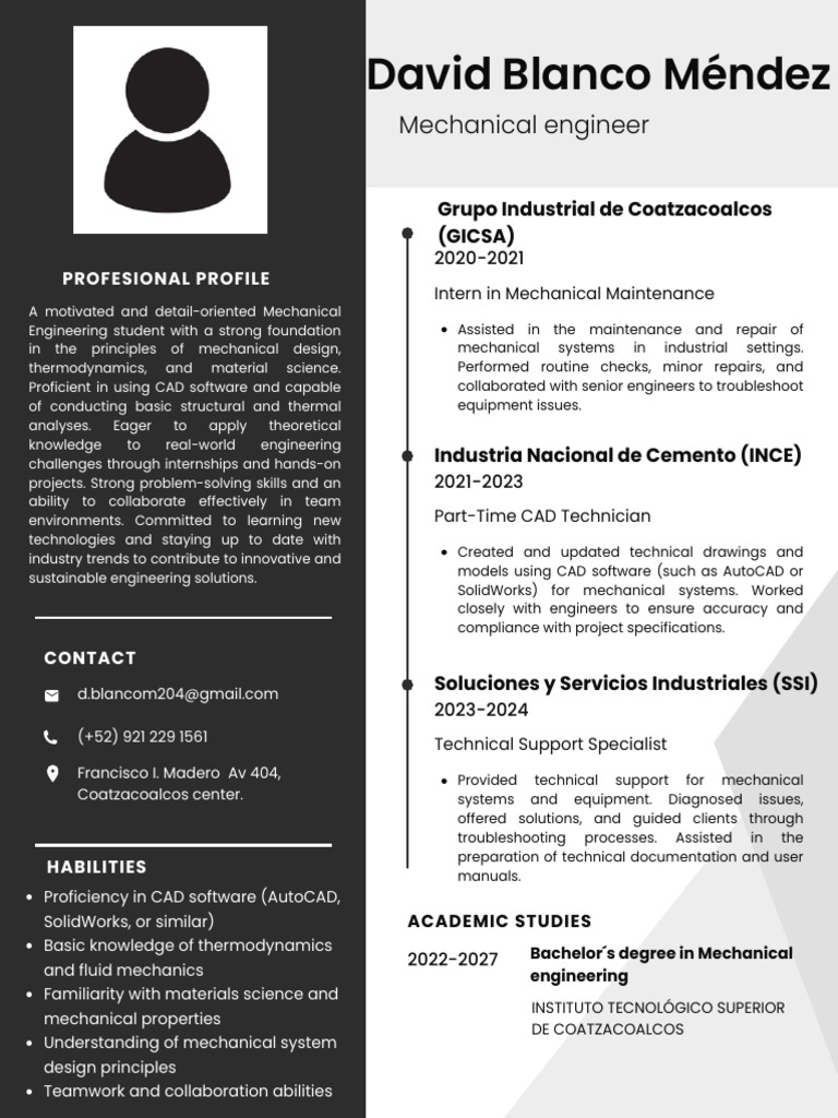 Mechanical Engineering Student Profile | PDF | Technical Support | Art