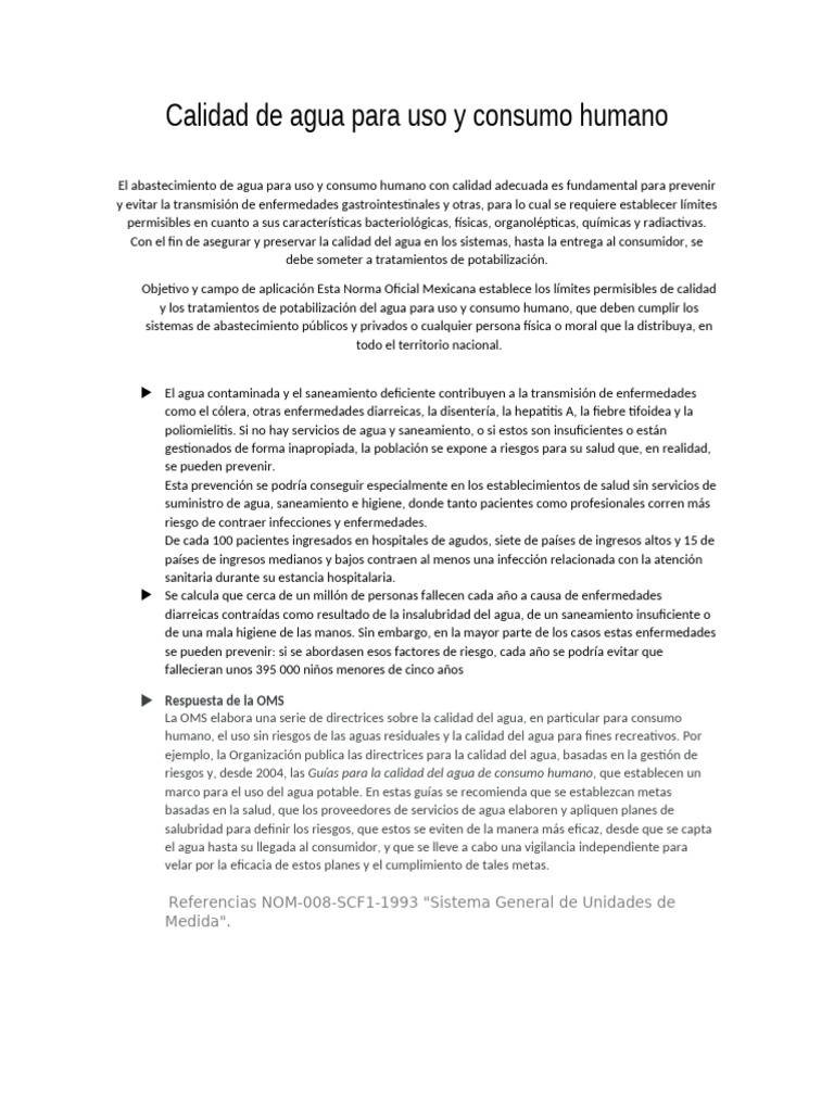 Calidad de Agua para Uso y Consumo Humano | PDF