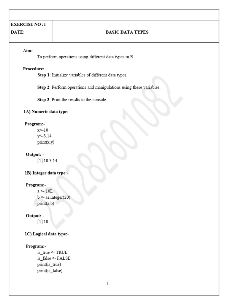 Exercise No 1 Date Basic Data Types | PDF