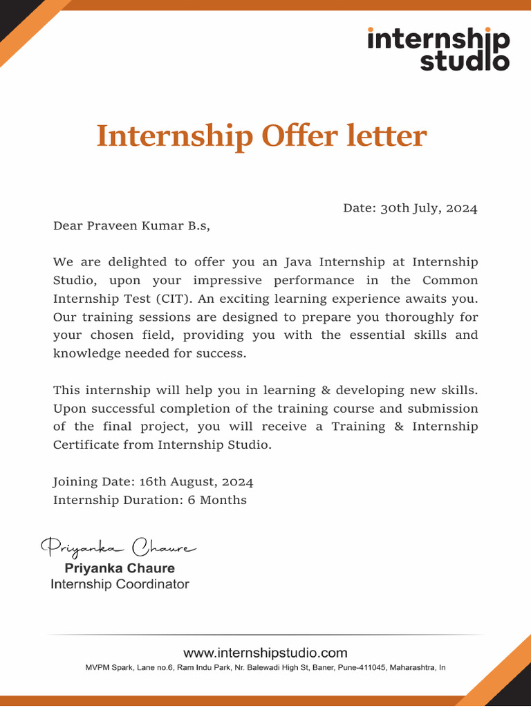Java Internship Offer at Internship Studio | PDF