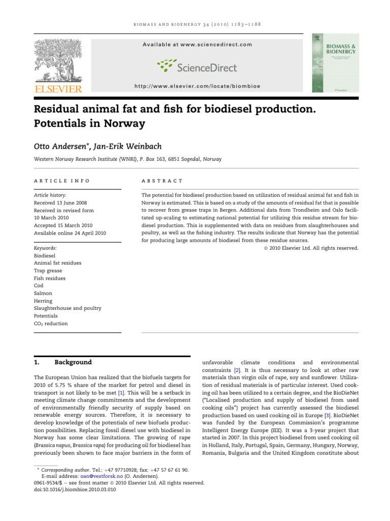 Biodiesel from Animal Fat and Fish in Norway | PDF | Biodiesel | Diesel ...