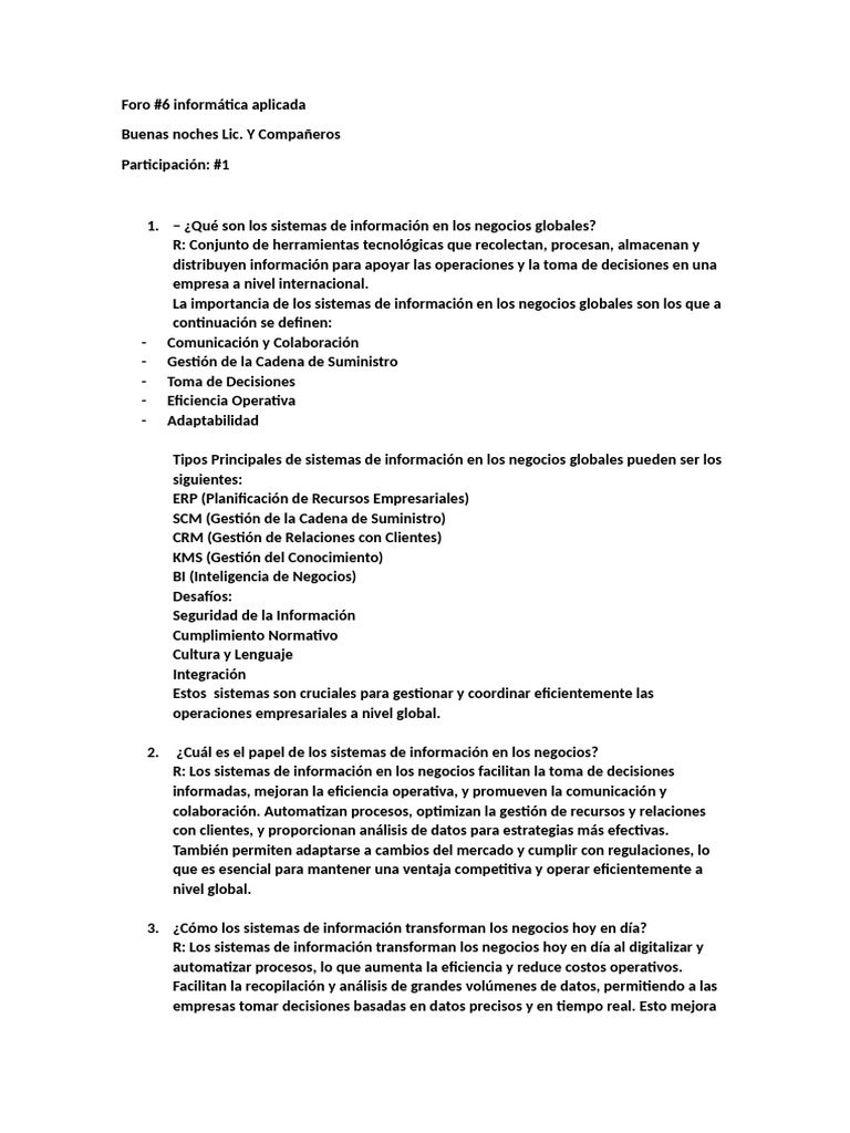 Foro N6 Informatica Aplicada | PDF | Sistema de informacion | Negocios