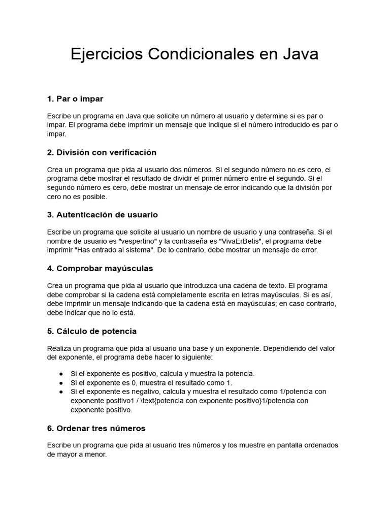 Ejercicios condicionales en java pdf
