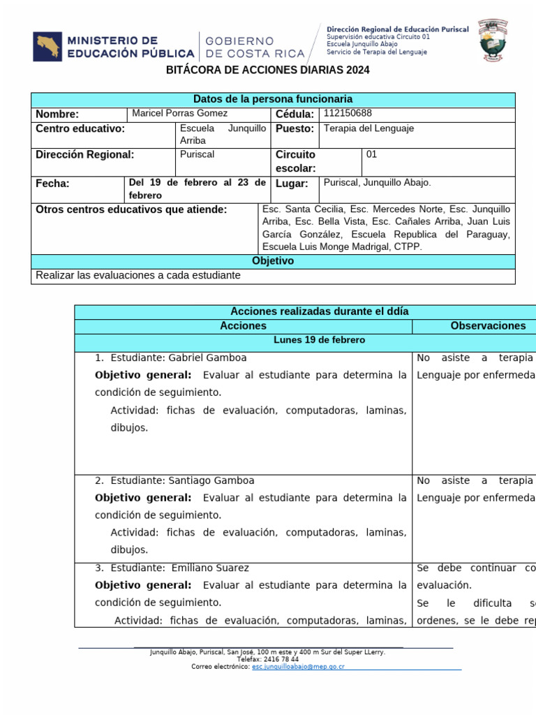 Bitácora Terapia Lenguaje Puriscal 2024 | PDF