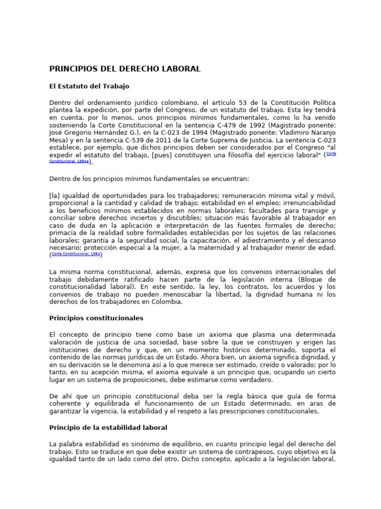 Principios Del Derecho Laboral Colombiano | PDF