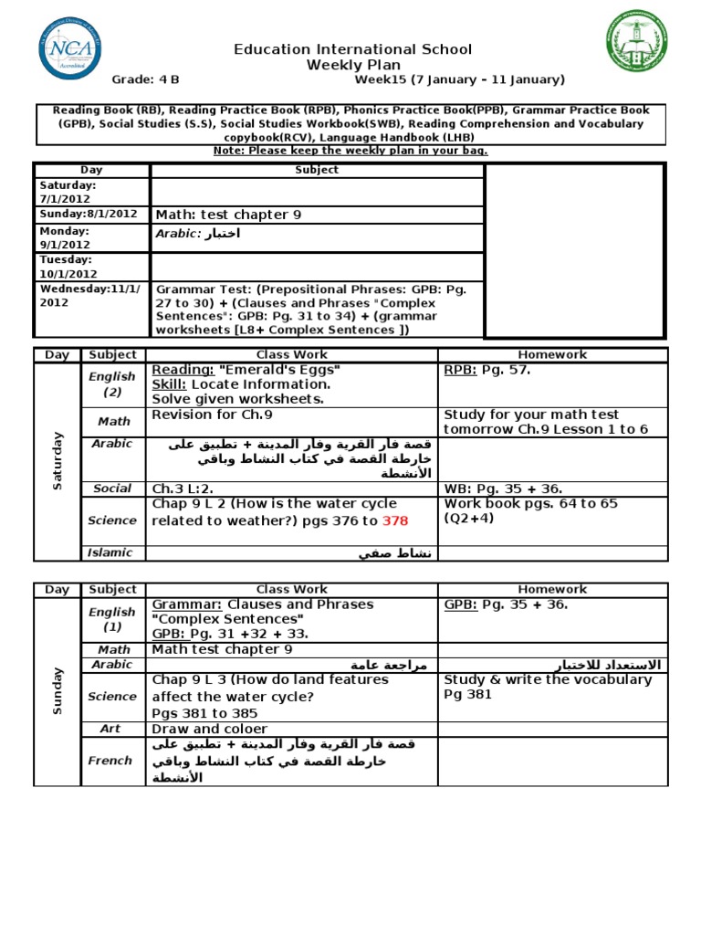 Education International School Weekly Plan: Arabic | PDF | Language ...