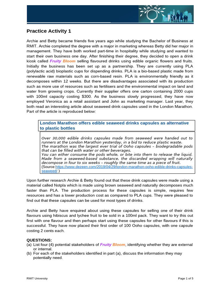 Topic 1 Practice Activity Archie and Fruity Bloom - 1-1 | PDF