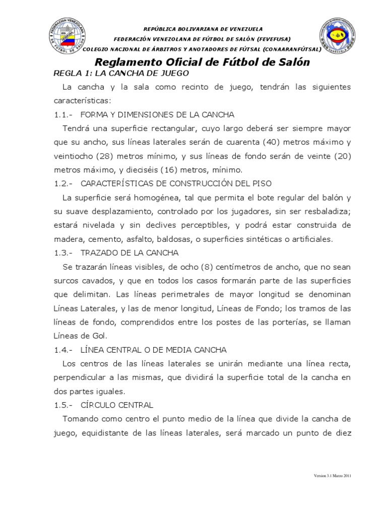 Reglamento Oficial Futbol de Salon 2011, V3.1 (Venezuela)