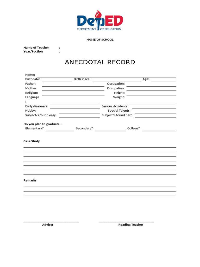 Anecdotal Record FREE Template PDF