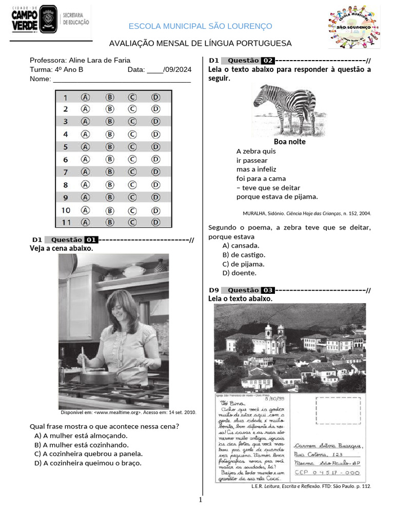 01 - Avaliação Mensal de Língua Portuguesa - 4º Ano A | PDF | Dragão