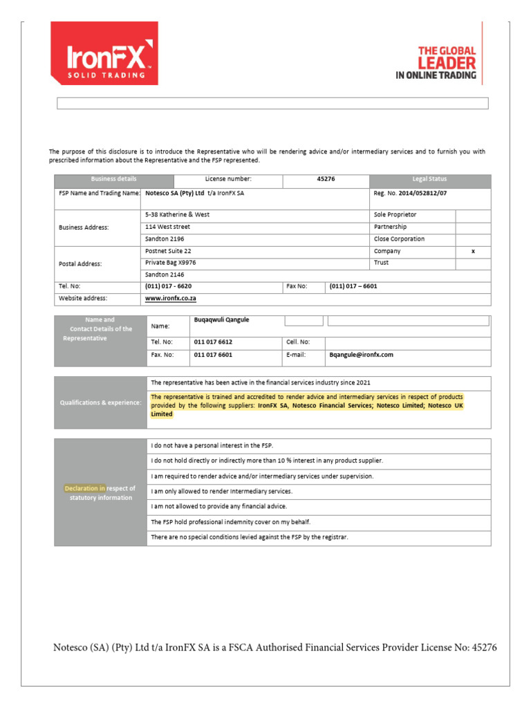 FSCA 2 IronFX - Rep - Disclosure - Document - BQ | PDF